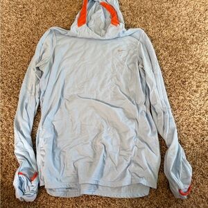 Nike Sky Blue Running Long Sleeve Shirt Hoodie with Bright Orange Details